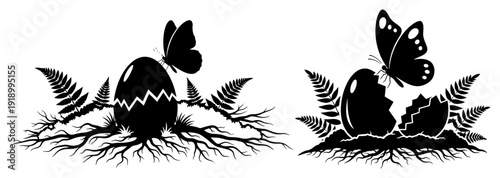 Silhouette of a butterfly sitting on a cracked egg surrounded by fern leaves and roots