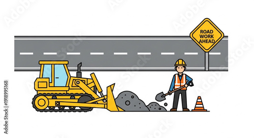 Road Worker with Bulldozer and Sign.
