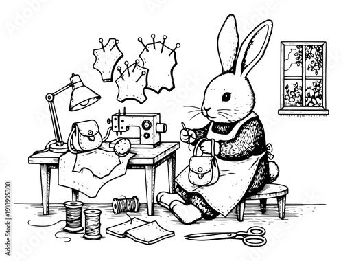 Anthropomorphic rabbit tailor sewing handmade bags in a workshop vintage engraving illustration