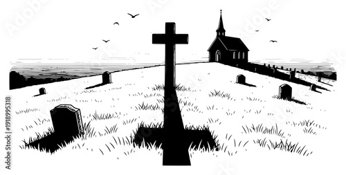 Old cemetery landscape with stone graves and a church on a hill in woodcut style