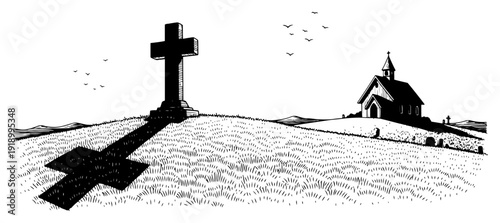 Long shadow of a cross in a peaceful graveyard landscape with a church in woodcut style