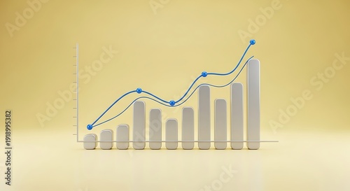 Three dimensional bar graph shows upward trending lines against yellow background.