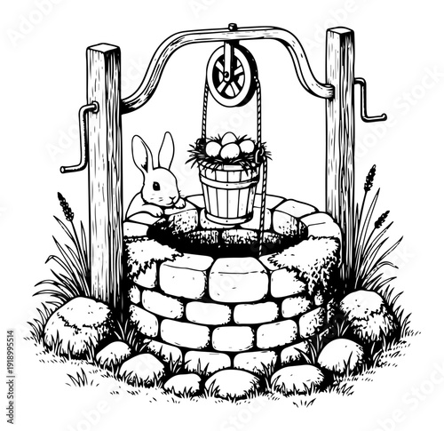 Vintage hand drawn style illustration of a rabbit looking into a stone well with a bucket of easter eggs
