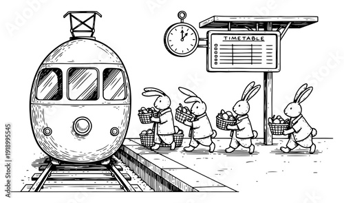 Detailed hand drawn black and white illustration of bunnies with egg baskets at a railway station platform