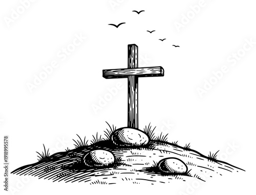Hand drawn religious illustration of a wooden christian cross on a grassy hill with stones and birds under the sky
