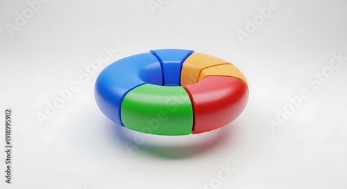 Colorful segmented torus shape rests on a clean white surface for product presentation.
