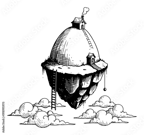 Surreal woodcut style floating island in the shape of an egg with a house above the clouds