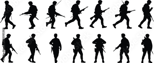 Soldier Silhouette Collection Showing Military Infantry Poses Walking and Standing with Rifles, Black Army Combat Figures for Defense, Security and Warfare Design