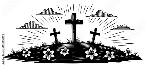 Three crosses on a flowery hill with divine light rays in hand drawn woodcut style