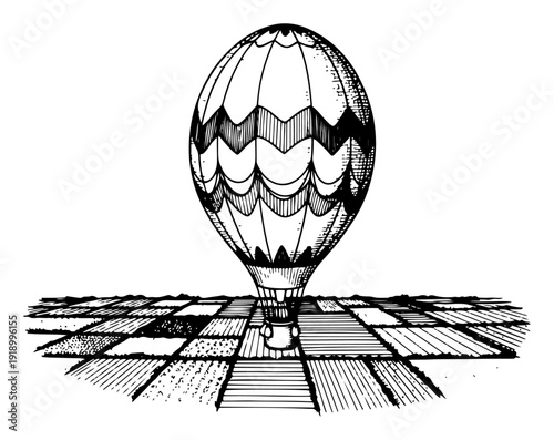 Vintage hand drawn illustration of a hot air balloon flying over patterned agricultural fields