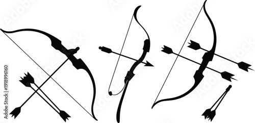 Traditional Archery Bow and Arrow Silhouette Collection, Hunting and Target Shooting Equipment Black Vector Set Isolated on White Background