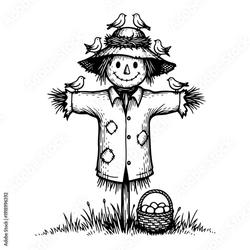 Friendly garden scarecrow with birds and Easter egg basket in vintage engraving style