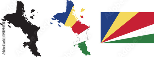 Seychelles island map graphic with national flag rays and multicolor design