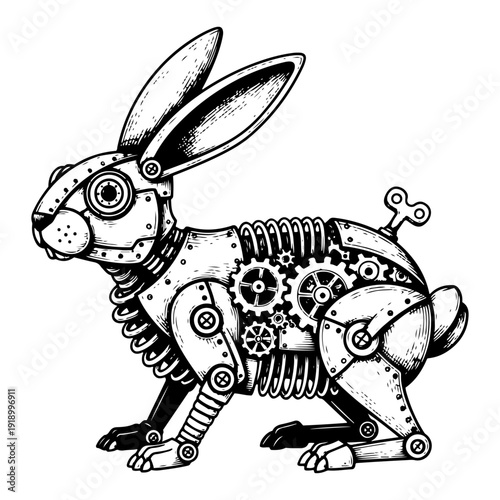 Steampunk mechanical rabbit with gears and clockwork parts in woodcut style