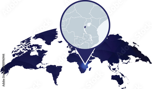 World map locator with magnified Africa highlight and pinpoint zoom callout