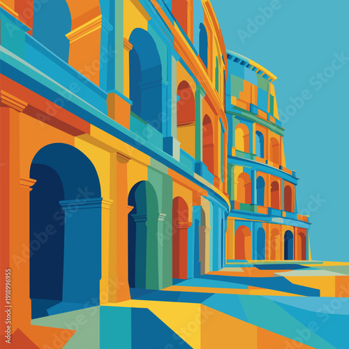 Ancient Rome Colosseum arches minimalist flat design. Colosseum arches depicting Roman architecture in a vibrant, modern flat graphic illustration style