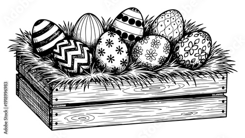 Hand drawn vintage illustration of a wooden crate filled with hay and patterned easter eggs