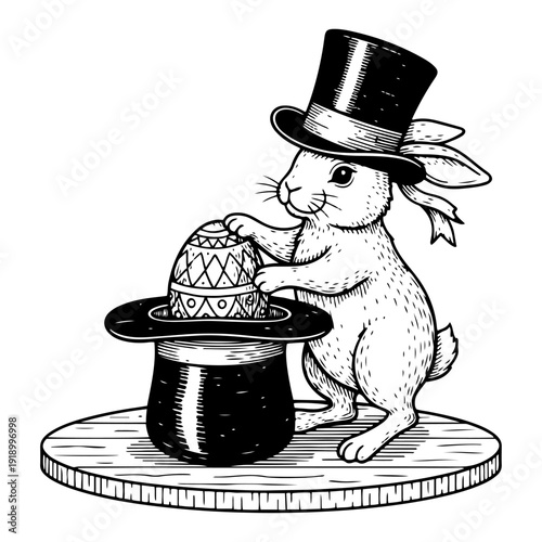 Detailed vintage engraving style illustration of a rabbit in a top hat performing a magic trick with an easter egg
