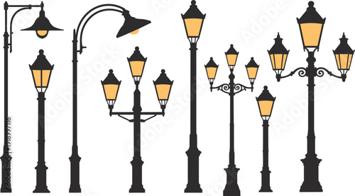 Vintage street lamp silhouettes collection with glowing lantern lights, classic city lamppost designs isolated on white background, decorative urban lighting vector illustration