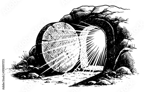 Resurrection of Jesus empty tomb with divine light rays in vintage engraving style