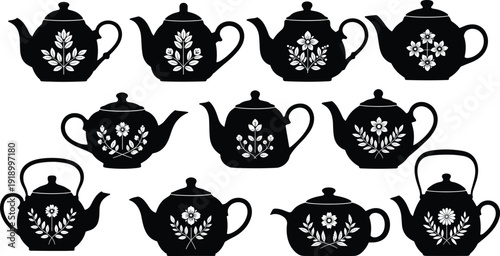 Vintage Teapot Silhouette Collection with Floral Ornament Designs for Tea Shop Logos, Kitchen Decor, Craft and Branding Use