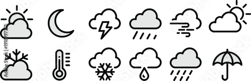 Weather Icon Set Line Style Collection Isolated on White Background, Climate Forecast Symbols Including Sun, Cloud, Rain, Snow, Storm, and Temperature