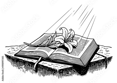 Open holy Bible with a white lily and divine light rays in vintage engraving style