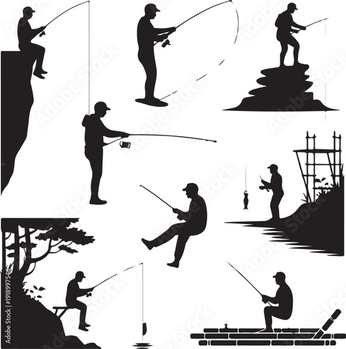 black silhouettes of people fishing in various poses and locations  recreational activity