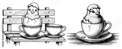 Hand drawn woodcut illustration of cute baby chicks sitting in teacups