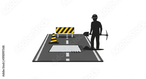 Roadworker Inspecting Pothole on Highway.