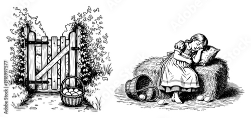Engraving style illustration of a garden gate and a girl sleeping on a hay bale with eggs