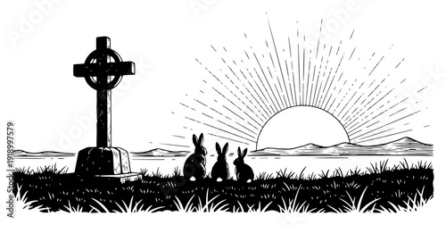 Three rabbits watching the sunrise next to a stone cross in an engraving style