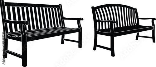 Wooden park bench silhouettes isolated on white background, classic outdoor garden seating furniture for landscape and urban design