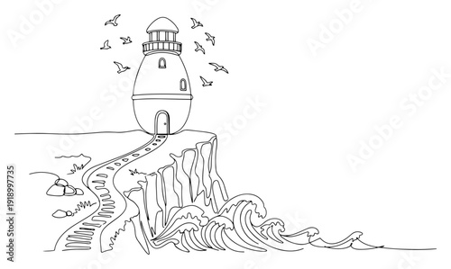 Continuous line drawing of an egg shaped lighthouse on a rocky cliff with ocean waves