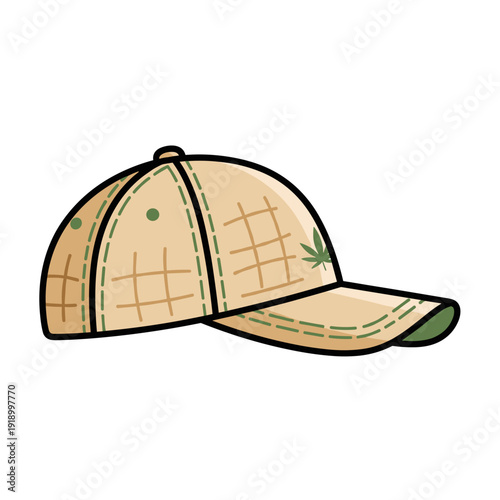 Stylish hemp cap with green accents isolated on a white background, featuring detailed stitching and a natural eco-friendly design