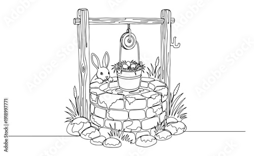 Cute rabbit hiding behind a stone water well with a bucket of Easter eggs in line art style