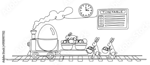 Easter egg train with rabbits loading baskets at a station with timetable in doodle style