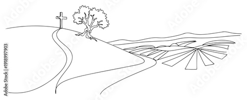 Simple line art landscape with a path leading to a cross on a hill