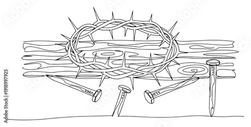 Continuous line drawing of a crown of thorns and nails symbolizing the crucifixion of Jesus