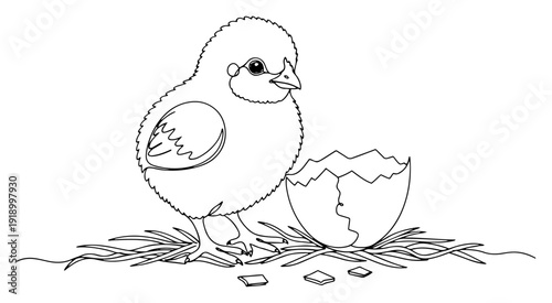 Continuous line drawing of a cute baby chick standing next to a cracked eggshell