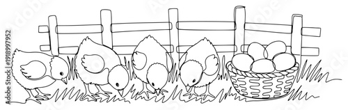 Continuous line drawing of baby chicks pecking grass near a fence and a basket of eggs