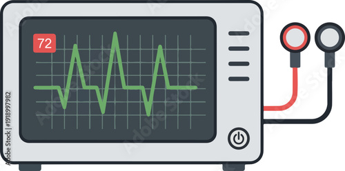 Medical heart rate monitor with green ecg graph on screen and pulse oximeter vital sign measurement device in a clinical setting for patient health monitoring