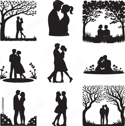 Black silhouettes of romantic couples kissing and embracing in nature