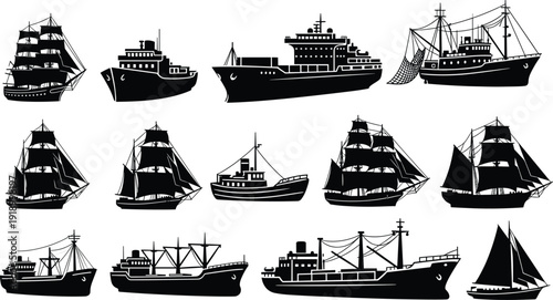 Collection of ship silhouettes including cargo vessels, fishing boats and sailing ships isolated on white background for maritime transport and nautical design