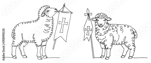Continuous one line drawing of religious Easter lambs with Christian cross banners