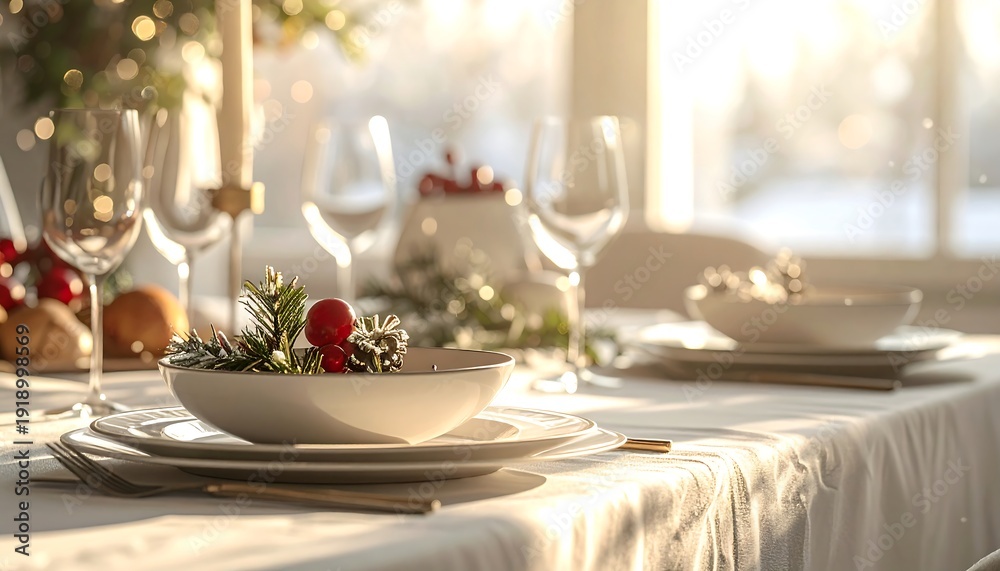 Fototapeta premium A serene dining table set for a festive meal with elegant decor and soft natural light