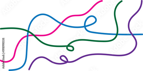 A colorful abstract image featuring multiple intertwined lines in pink blue green and purple hues on a white background with artistic curves