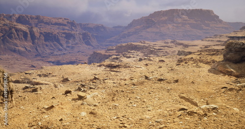 Vast desert landscape reveals rocky terrain and imposing mountain ranges under a clear sky. Dry ground stretches towards distant peaks, creating a serene natural environment.
