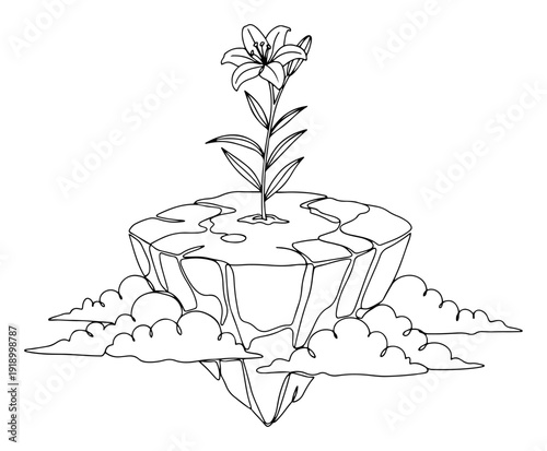 Surreal continuous line drawing of a lily flower blooming on a floating island above clouds
