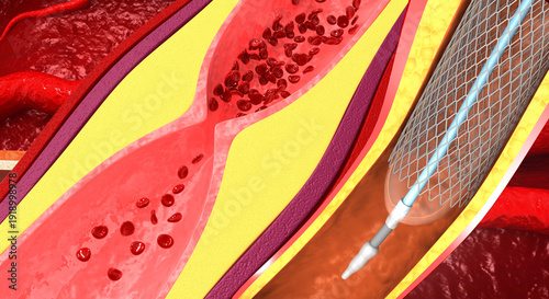 Tableau sur toile A detailed medical illustration showing a wire mesh stent expanding within a cholesterol-blocked artery to restore healthy blood flow